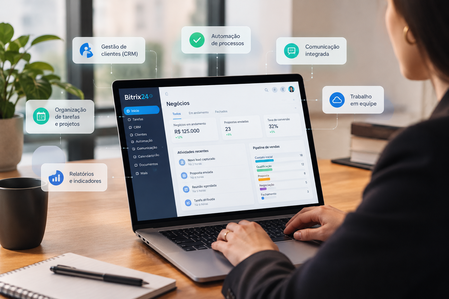 Pessoa usando um laptop com a tela mostrando o Bitrix24 e rótulos flutuantes de recursos: CRM, automação, comunicação, tarefas, equipe e relatórios para um fluxo de trabalho.